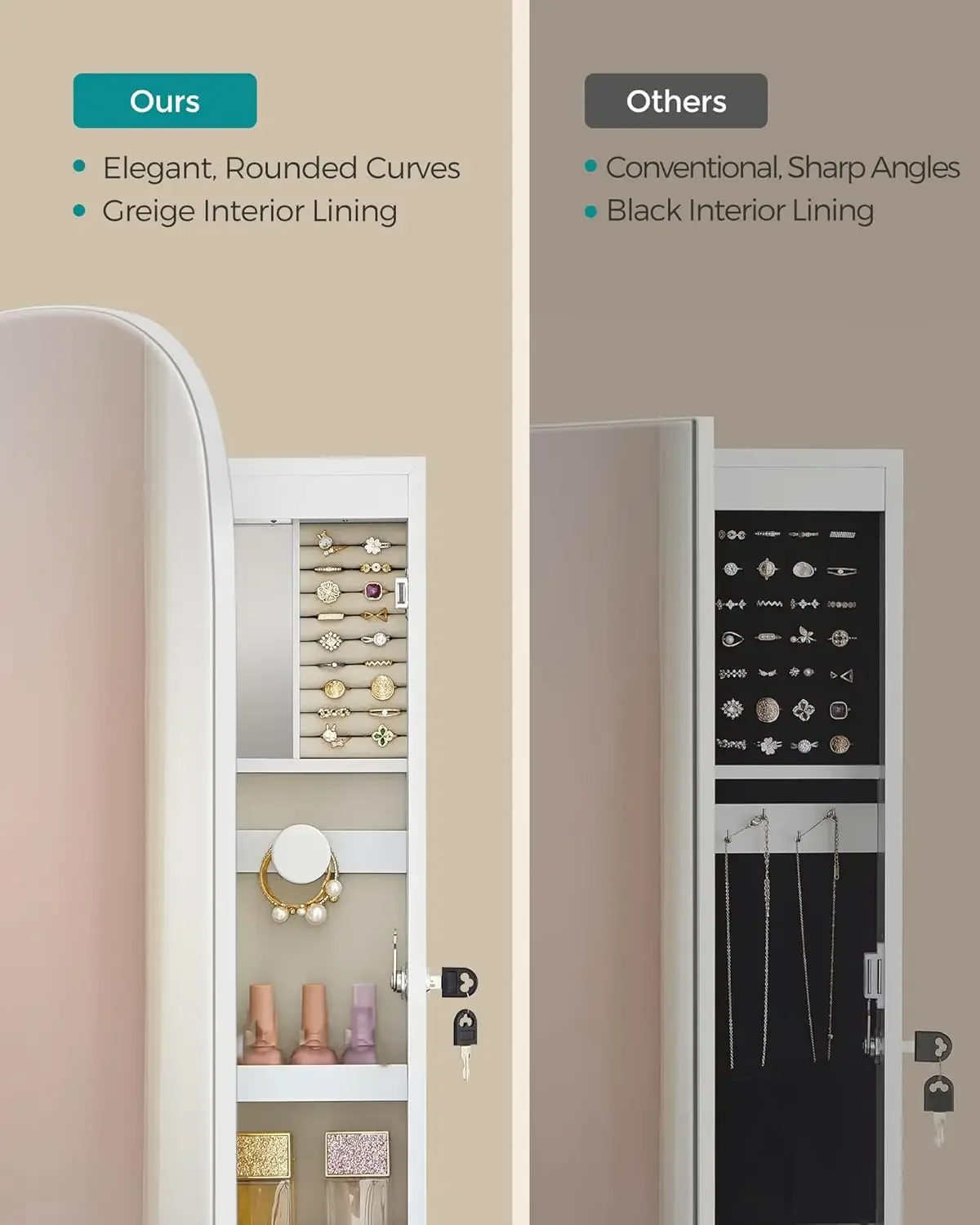 Miroir large et arrondi verrouillable, armoire à bijoux à LED, surface blanche avec doublure grise, fixé au mur ou sur la porte, évaluation de bijoux