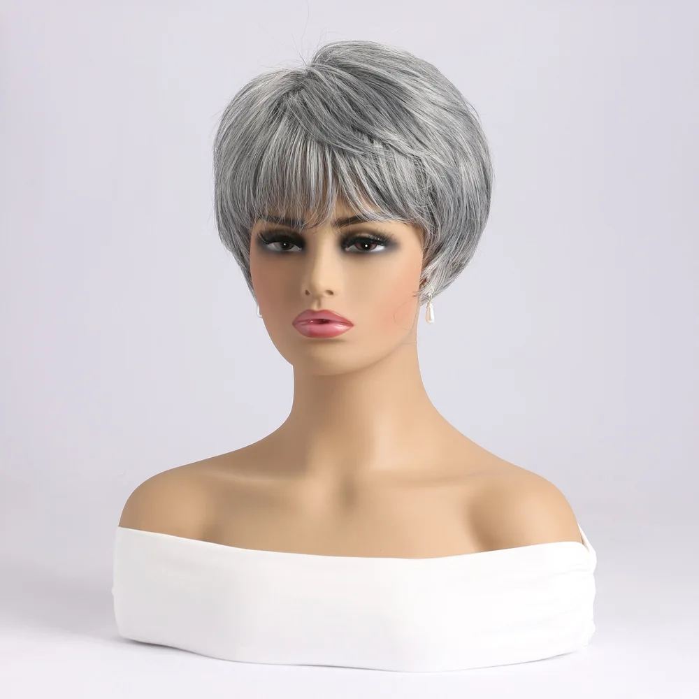 Synthetic Short Straight Wig for Women Wigs With Bangs Silver Grey Wig Daily Use Heat Resistant Fiber