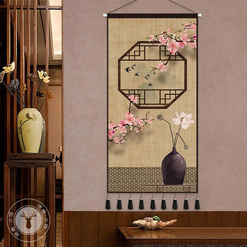 Chinese Wall Art Scroll Porcelain Vase textile crafts Tassel Hanging Painting for Living Room Tea House Aesthetic Room Decor