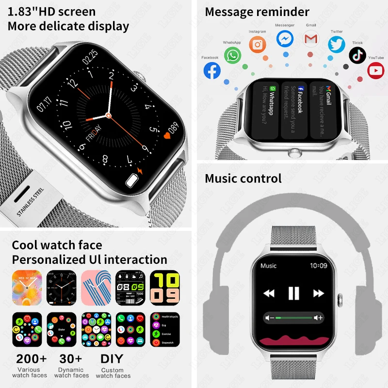 LIGE Smartwatch 2023 Android and iOS Smart Watches for Men Bluetooth Call Fitness Watch Activity Tracker Free Shipping, Silver