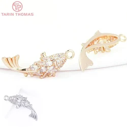(8162) 2PCS 12x22MM 24K Gold Color Brass with Zircon Fish Shaped Pendants High Quality DIY Jewelry Making Findings Accessories