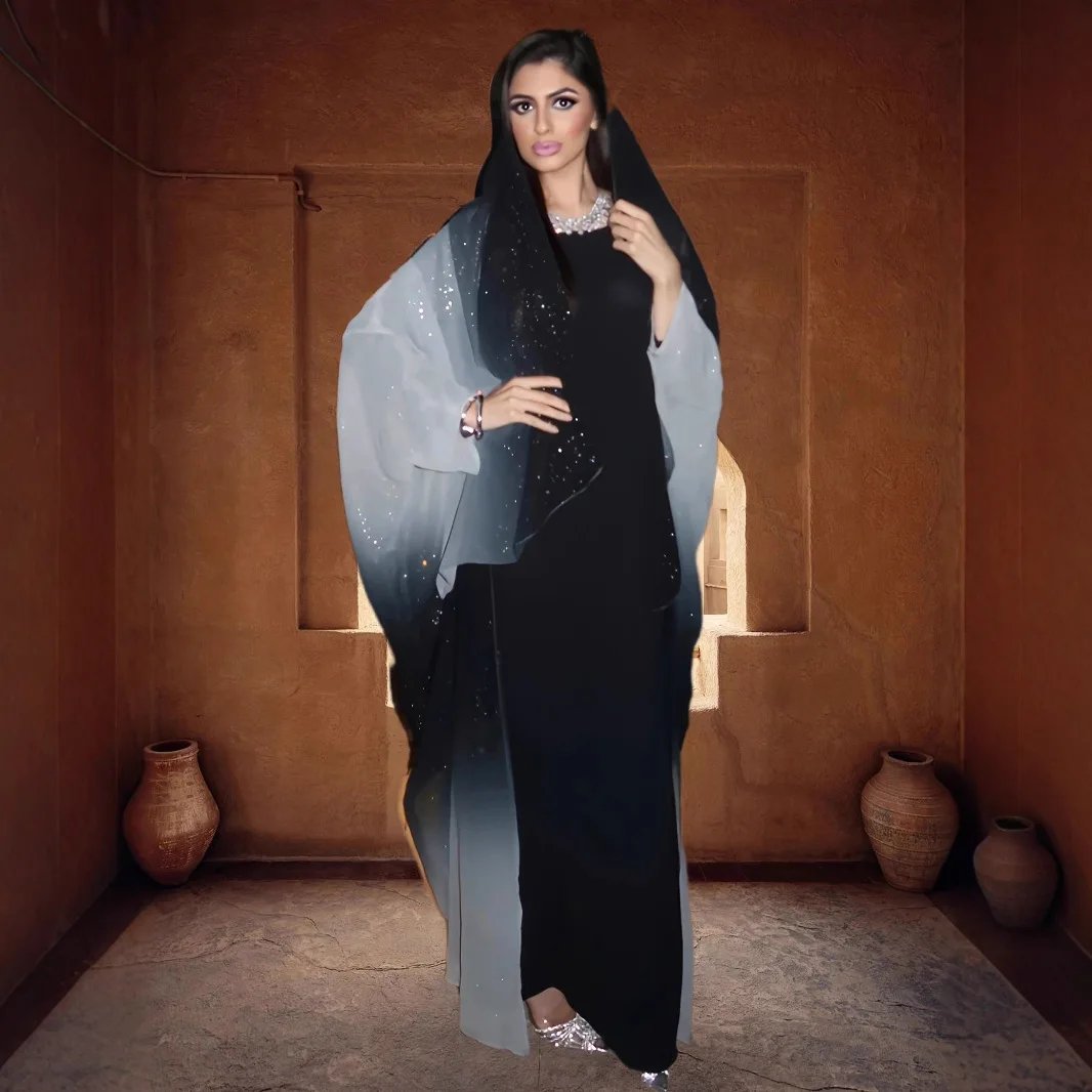 فستان نسائي للعيد سترة عباية إسلامية متدرجة عبايات بأكمام تشبه جناح الخفّاش المغرب قفطان دبي فيستدوس رمضان رداء جلابية