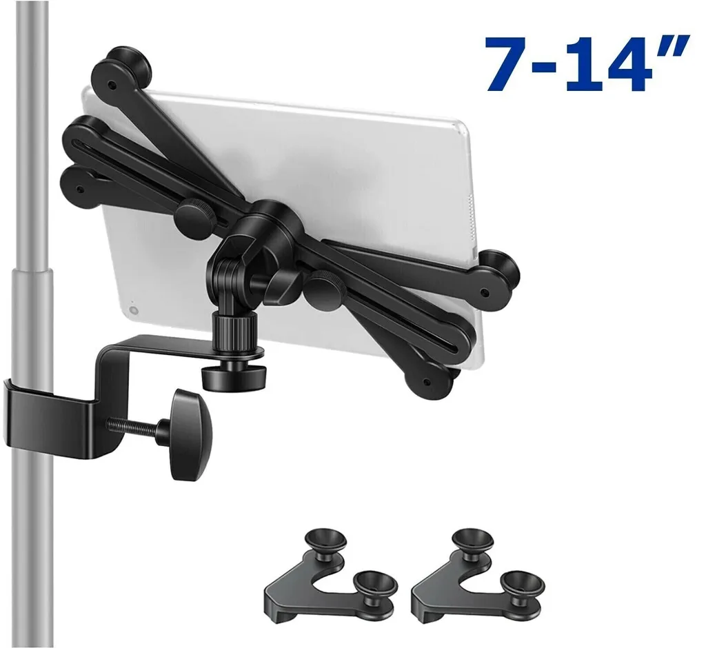Suporte, Clamp p/ Fixar Tablet (7" a 14 ") Ipad Pro, Samsung Galaxy Tab/Smartphone Iphone em Pedestal Tripé p/ Microfone