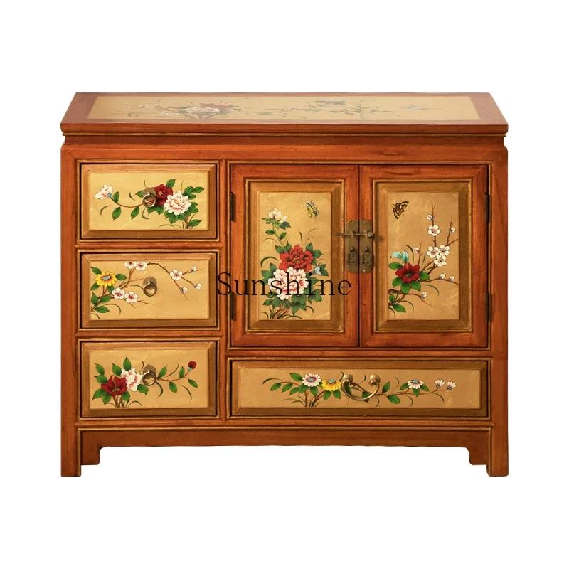 All solid wood partition small apartment classical guest door painted gold foil new Chinese entrance cabinet