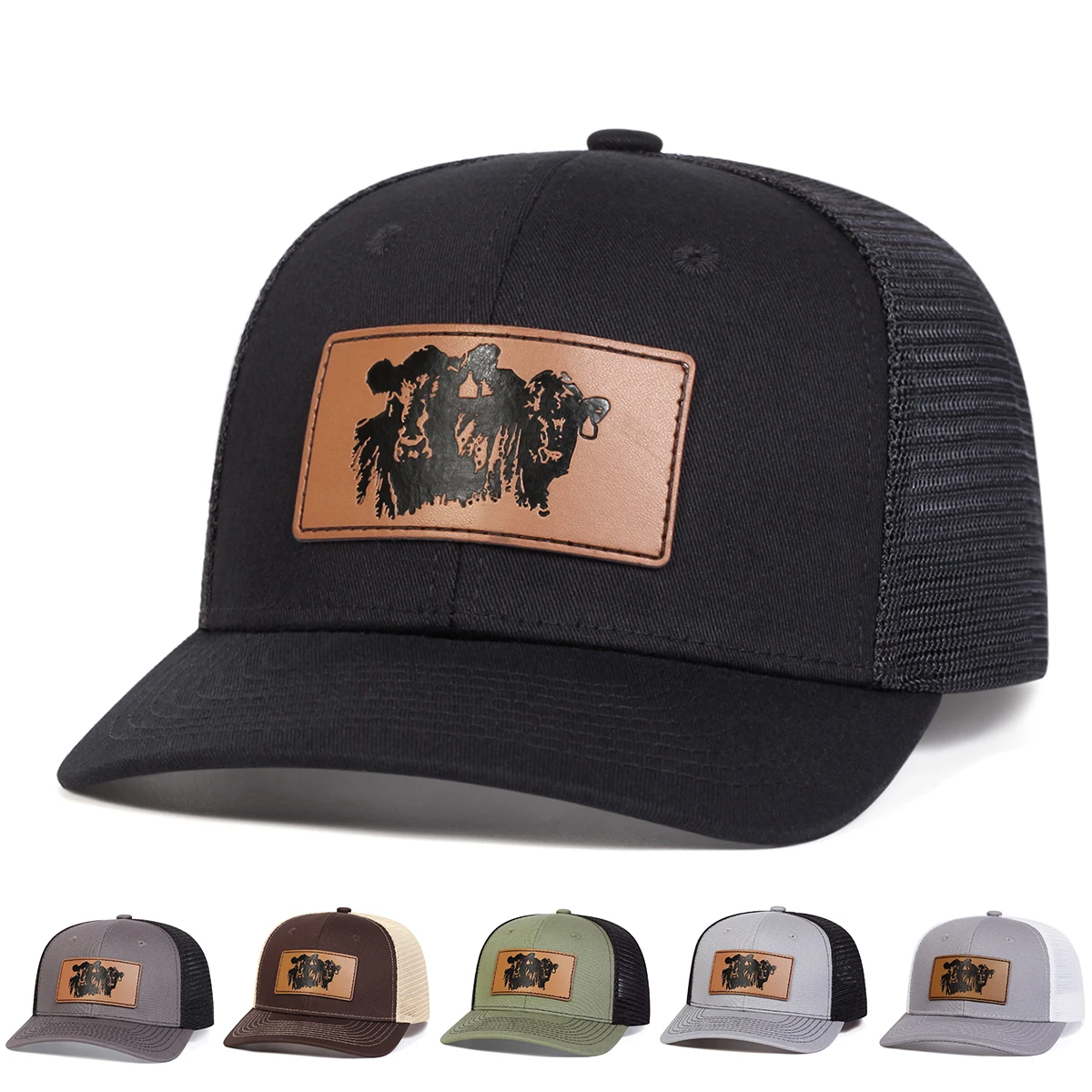 Unisex Brown Bull Head Leather Label Baseball Net Caps Spring and Summer Outdoor Adjustable Casual Hats Sunscreen Hat