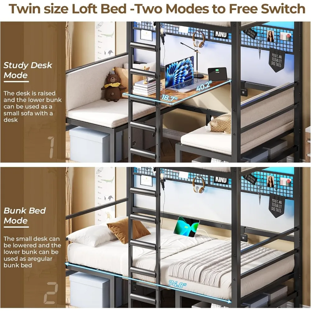 Lit superposé double avec lumières LED et station de recharge Lit mezzanine convertible Taille double avec bureau et siège Lit superposé en métal avec