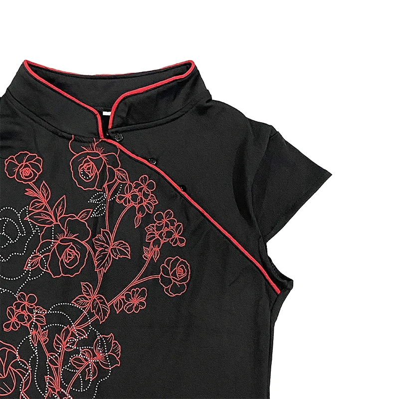 Alt Chinese Trend Cropped Cheongsam Blouse, Red Line Floral Rhinestone Print Contrast Red Piping Oblique Slim Cap Sleeve T Shirt - view 5