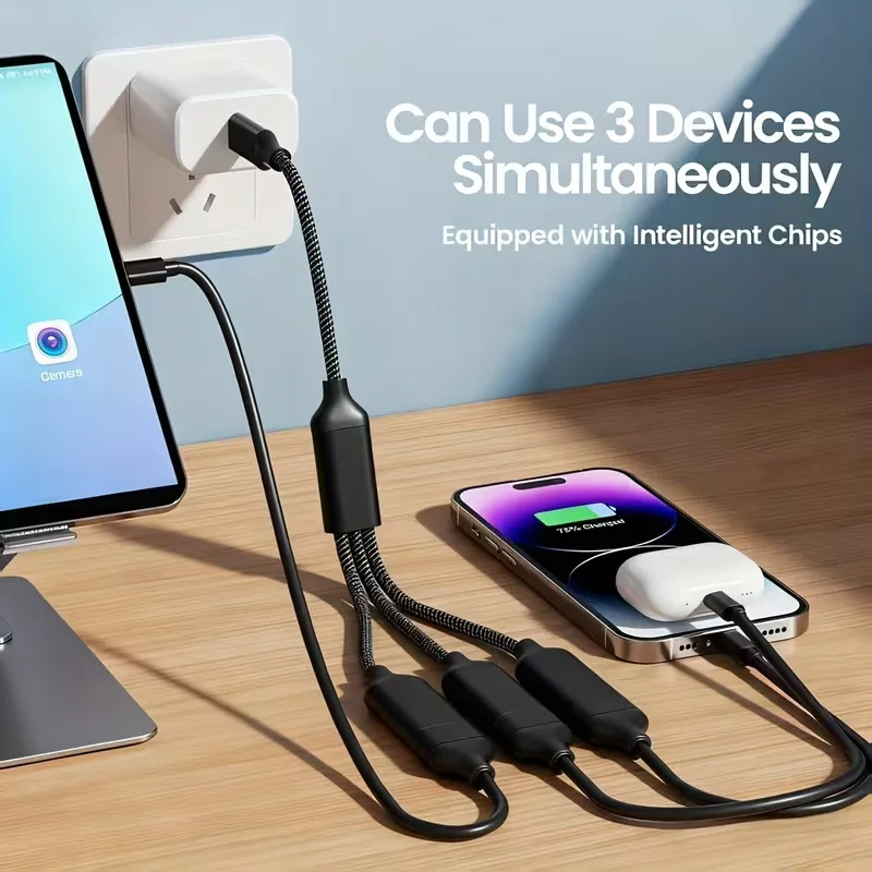 USB 1 to 3 extension cable, 1-in-3-out, USB-C 1 male to 3 female adapter, USB multifunctional fast charging cable-C interface