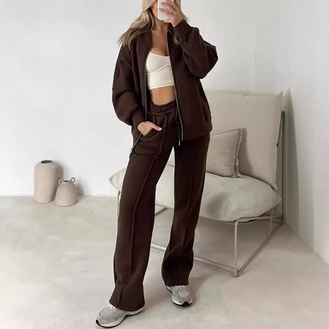 Femmes pantalon décontracté ensemble automne/hiver fermeture éclair veste décontractée pantalon à jambes larges 2 pièces ensemble tenues nouveau 2025 mode sport femmes costume