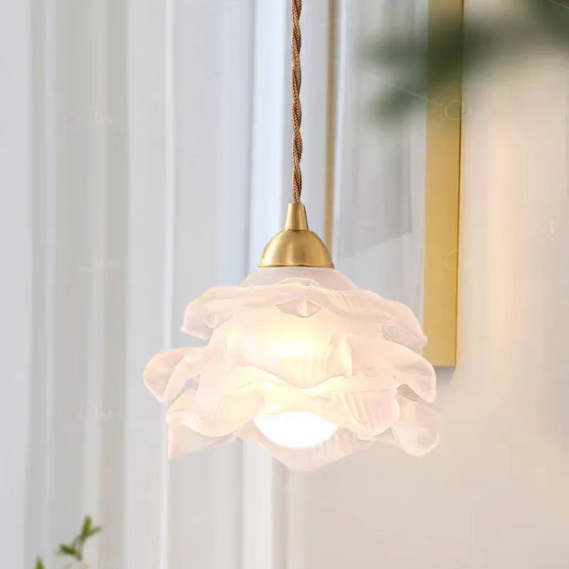 Modern Glass Rose Flower-shaped Long Line Bedroom Bedside Sable Chandelier and Small Dining Room Chandelier for Warm Lighting