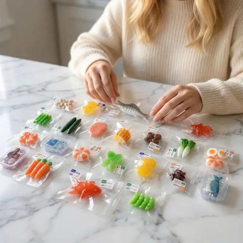 

1 шт. Миниатюрные имитационные продукты для кукольного домика, аксессуары для игровых сцен, овощи, фрукты и морепродукты в вакуумной упаковке, масштаб 1/12, для кукол