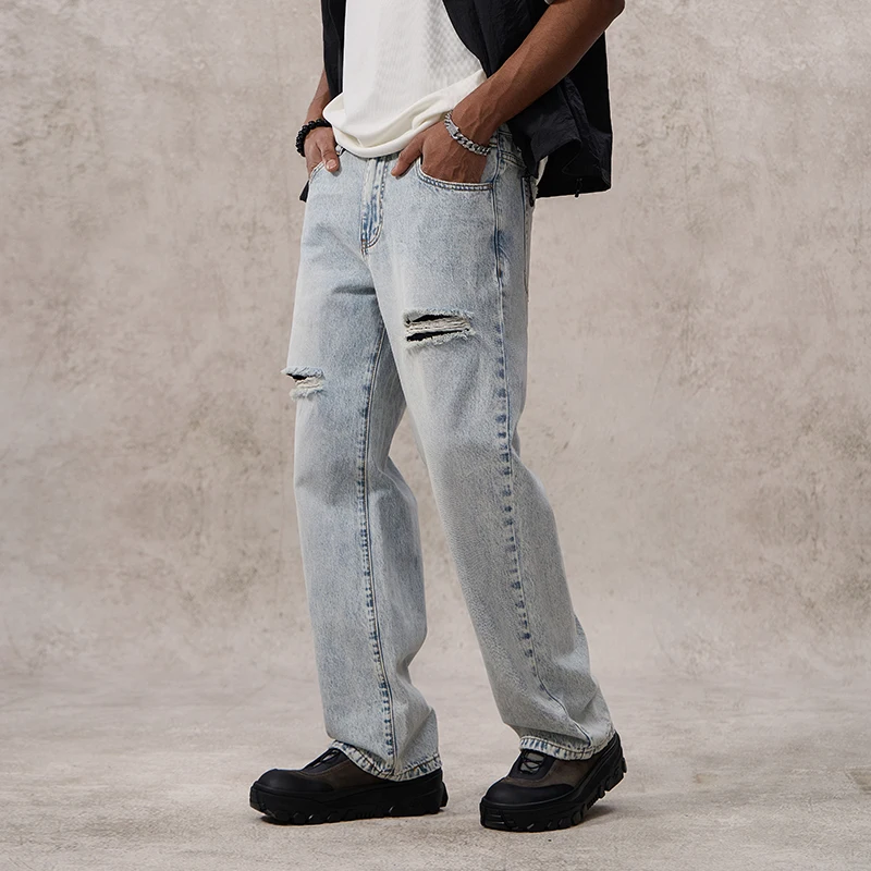 Vintage gewaschene amerikanische Retro Distressed Jeans Herren hochwertige lose gerade lässige Comfort Fit Frühling Sommer Mode Kleidung