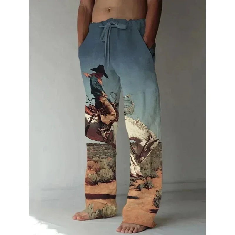 Japanese Harajuku style wide-leg pants fox raccoon print linen men\'s casual pants summer pants street handsome men\'s wide-leg pa