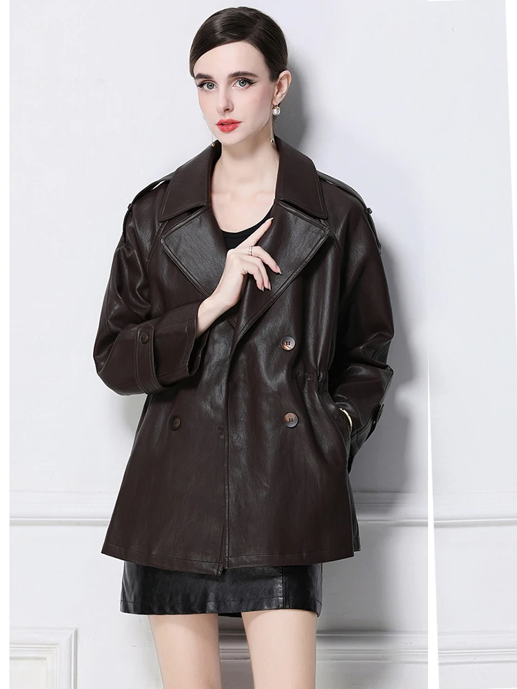 الخريف الشتاء المرأة بولي Leather الجلود متوسطة طويلة سترة جلدية معطف مزدوجة الصدر سترة واقية سترة جلدية فضفاضة غير رسمية S161