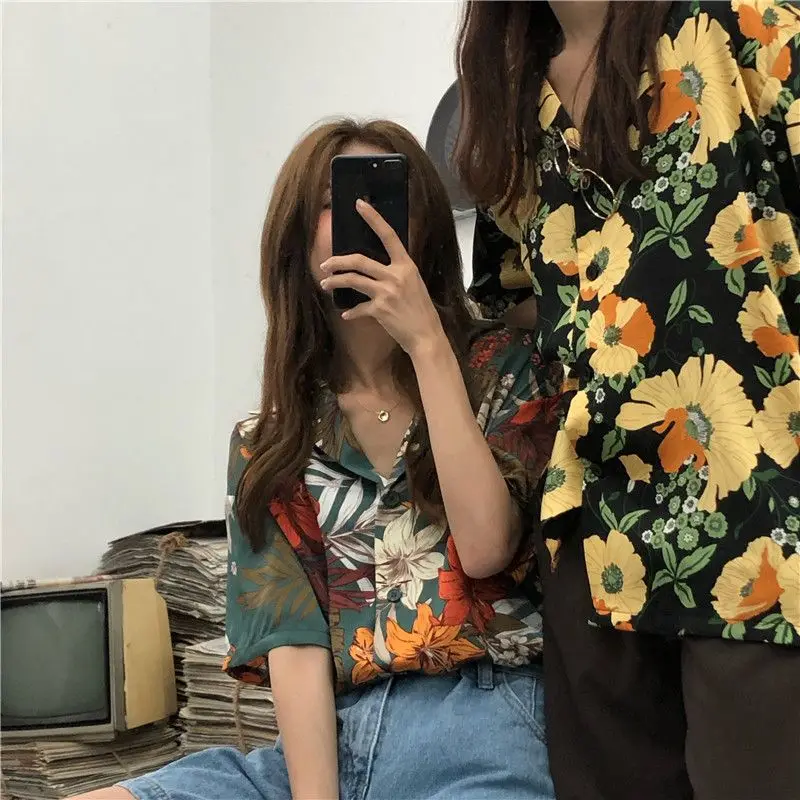 Summer Woman Clothes Ins Chic Chiffon Shirt Loose Thin HongKong Retro Style Floral Preppy Style Top Trend Mori Girl Style Casual