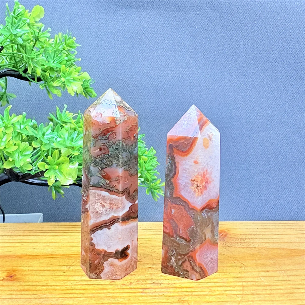 Natural Red Aquatic Agate Geode Crystal Wand Six-sided Obelisk Reiki Healing Gemstone for Aquarium Home Decoration Holiday Gift