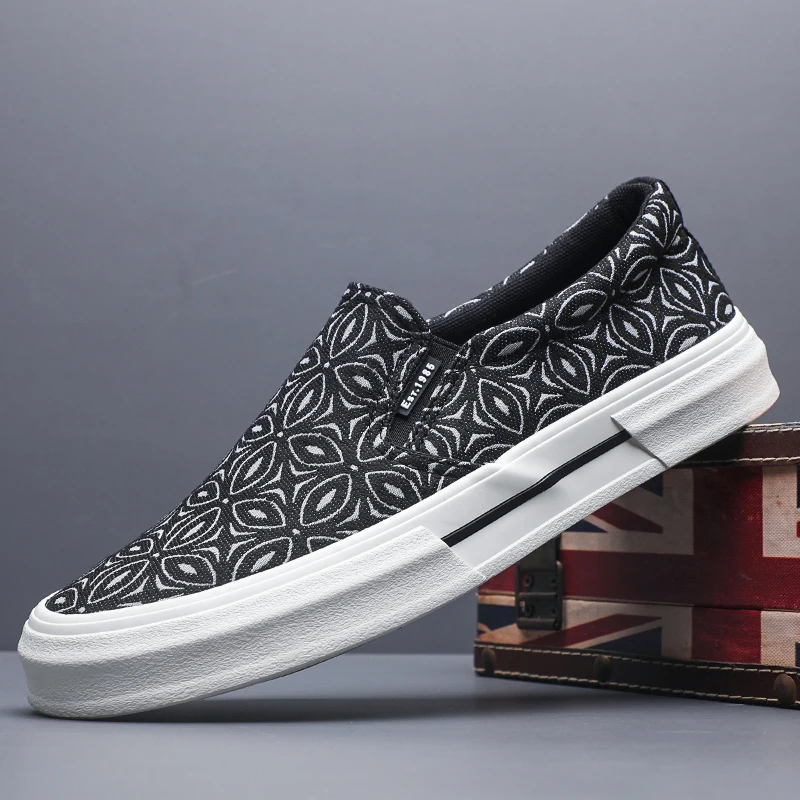 

Повседневная мужская парусиновая подошва с принтом, без шнуровки, с низким верхом, Board oes, дышащая удобная резиновая подошва, круглый носок, плоский каблук