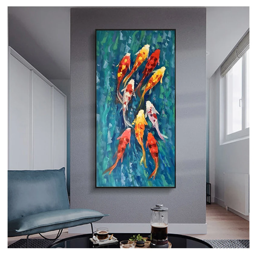 

Abstract Nine Koi Fish Landscape Oil Painting on Canvas Poster For Living Room Modern Decor Wall Art Picture HD Print Chinese