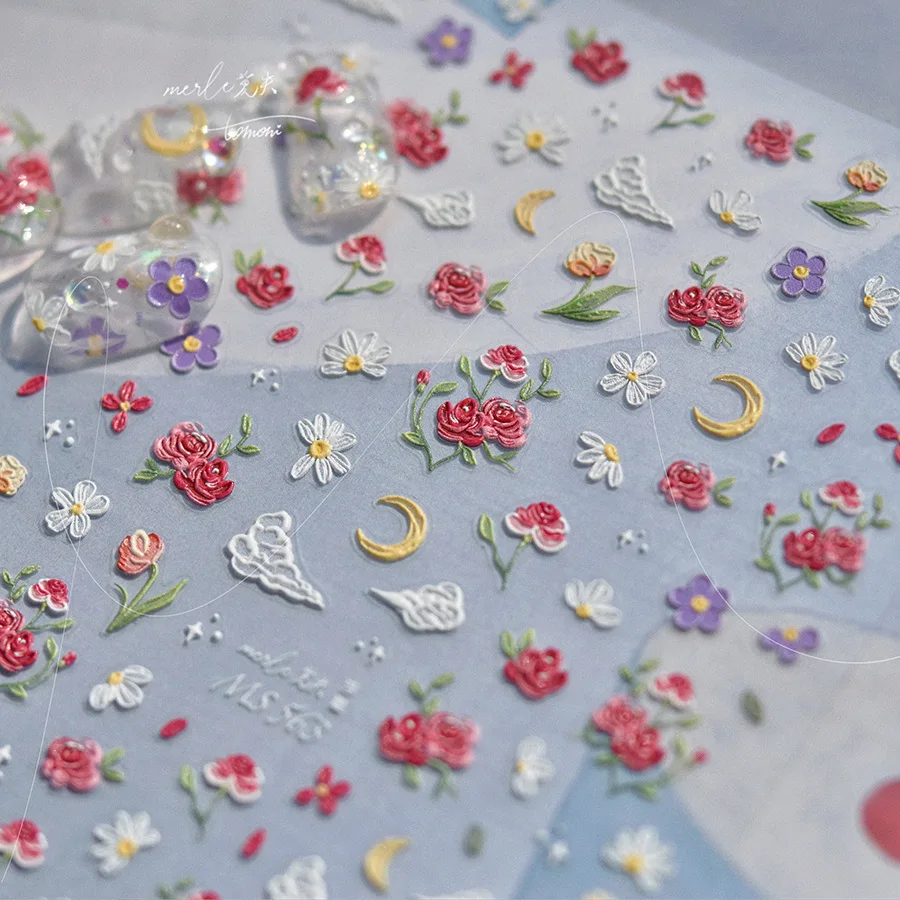 1 pçs 5d alívio cinco pétalas flor arte do prego adesivos kawaii requintado vermelho rosa decoração do prego decalques adesivo transferência slider diy