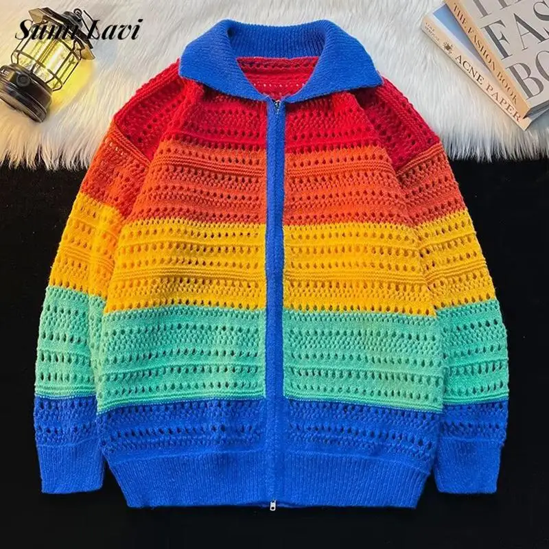 

Streetwear Vintage Mens Knitted Coats Stylish Rainbow Striped Colorful Cardigan Tops For Men Spring Fall Fashion Knitting Jacket