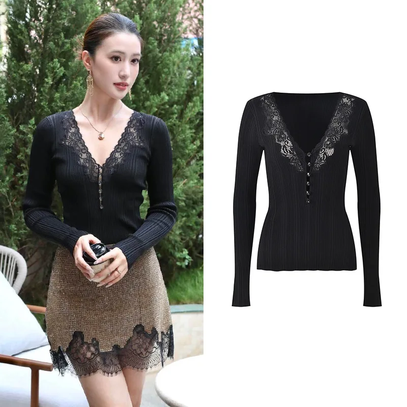 

Autumn 2025 New Sle Women's Knitted Lace Splicing V-Ne Hollow out Slimming Overhead Top Commute Sle Single Piece Bright...