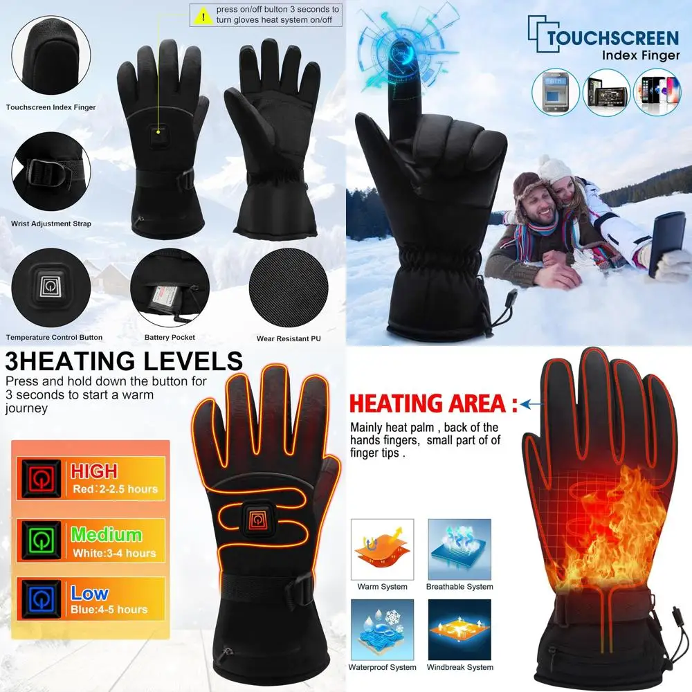 

Перчатки с подогревом для мужчин и женщин — грелки для рук с перезаряжаемой батареей и 3 уровнями нагрева, водонепроницаемые ветрозащитные зимние Ge с сенсорным экраном