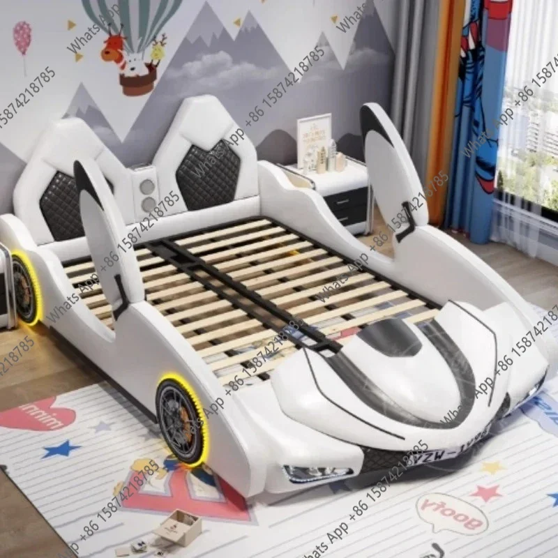 

SM Queen Bedroom Children Car Base Frame Double Bed Full Size Kids Bed Intelligent Projector Colorful Lights Wheels Open Car Doo
