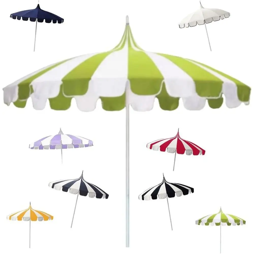 

50+ UPF Scalloped Boho Style Outdoor Patio Umbrella with Green and White Stripes for Beach, Pool, or Garden