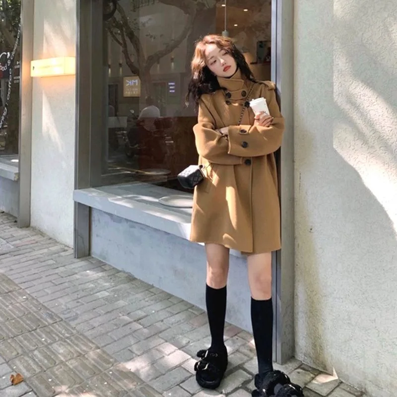 Blue Cape Coat Women's Winter Woolen Coat 2025 Petite Hepburn Style Korean Solid Color Thick Double-sided Cashmere Coat