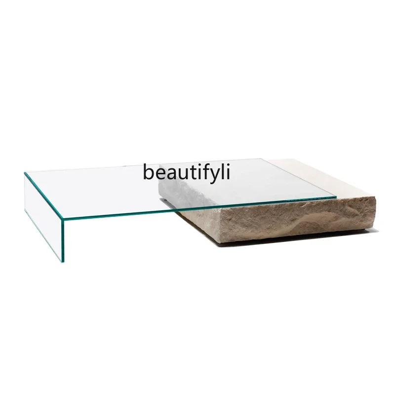 Cave Stone Coffee Table Italian Style Light Luxury Designer Glass Pier Table Creative Square Combination Tea Table