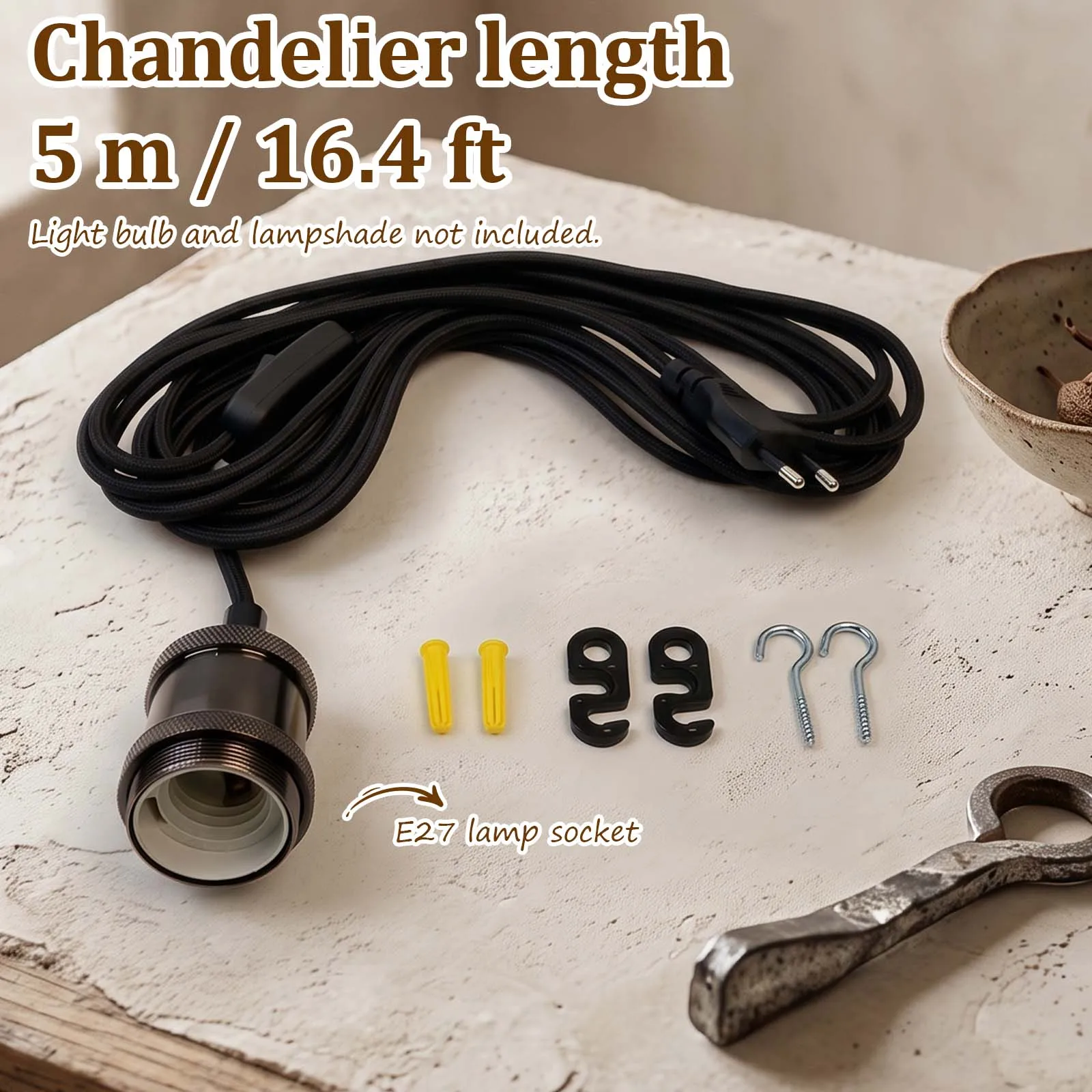 Hanging Light Cord, Black Braided E27 Pendant Lamp Cable, On Off Switch, Vintage Industrial