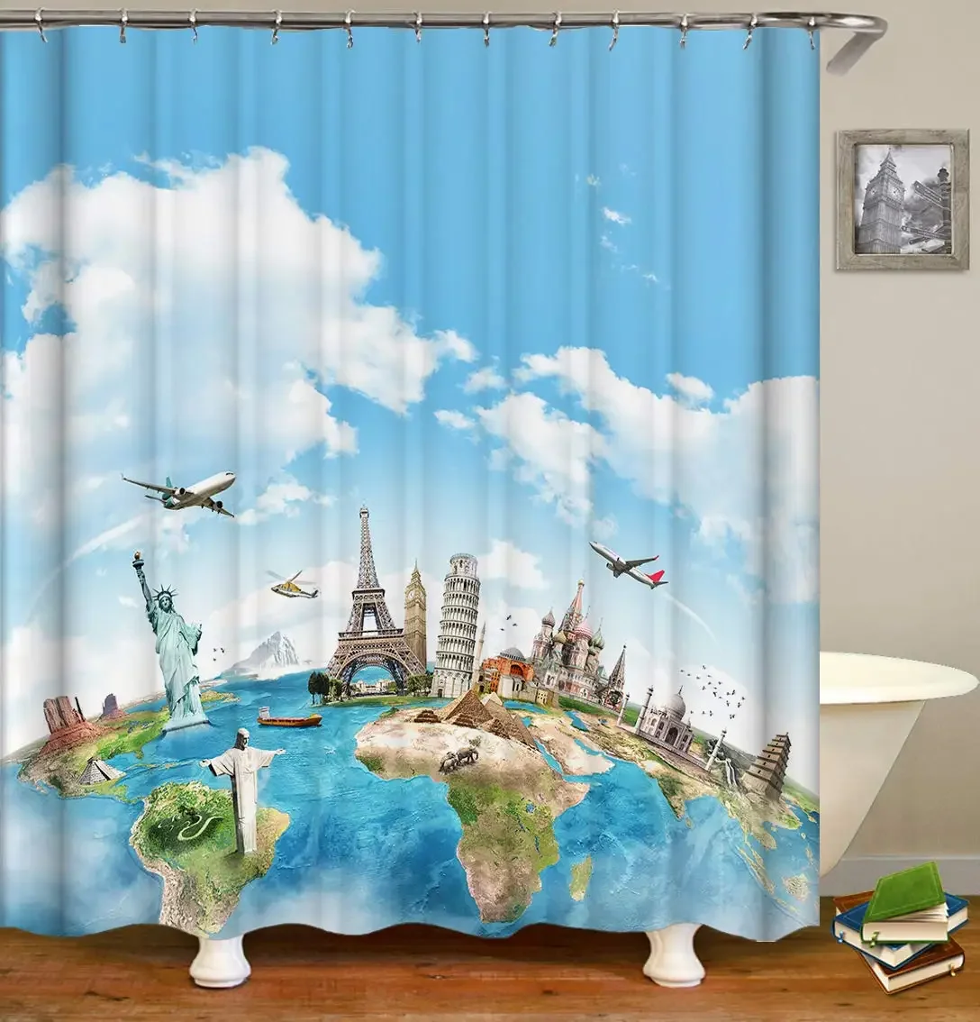 Vintage World Map Shower Curtain Famous Culture Landmark Statue of Liberty Eiffel Tower Big Ben Waterproof Bathroom Decor Sets