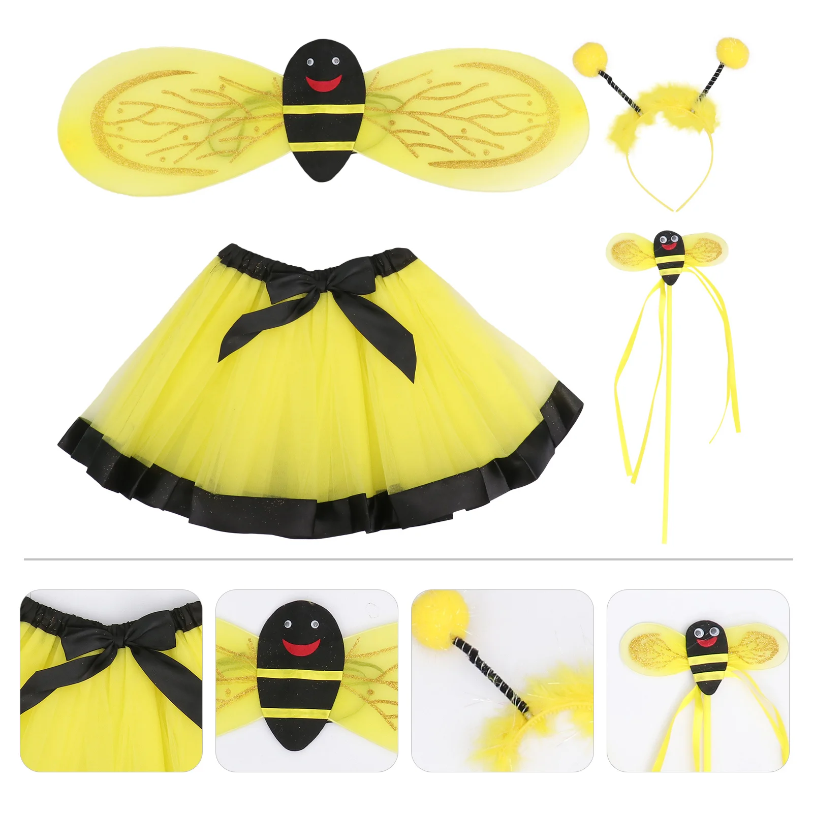 1Set Festival Bee Wing-kostuum Kinderen Mesh Rok Party Cosplay Decor Geel Modieus Kleuraanpassing Eenvoudig comfortabel dragen