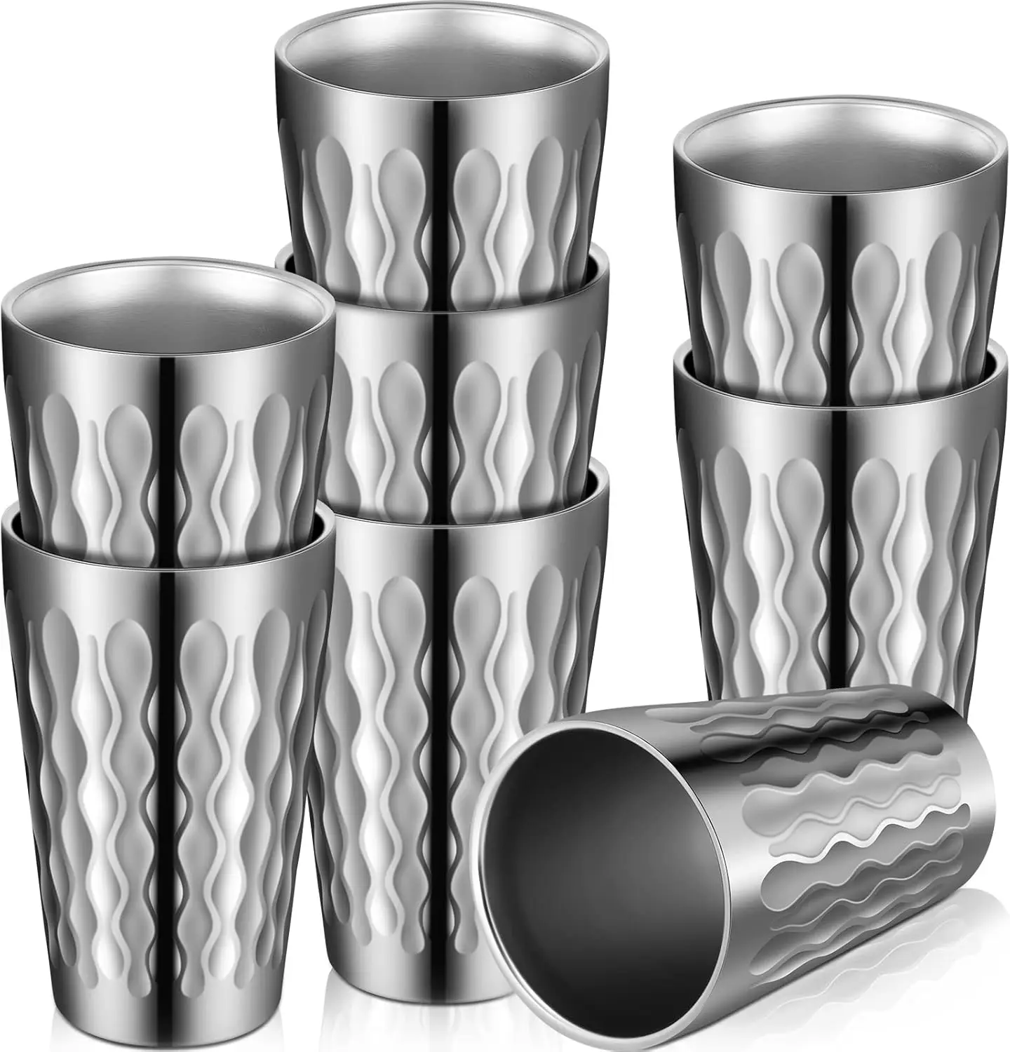 

8-Pack 16oz Stainless Steel Insulated Cups for Hot and Cold Drinks, Reusable and Stackable with Wave Pattern