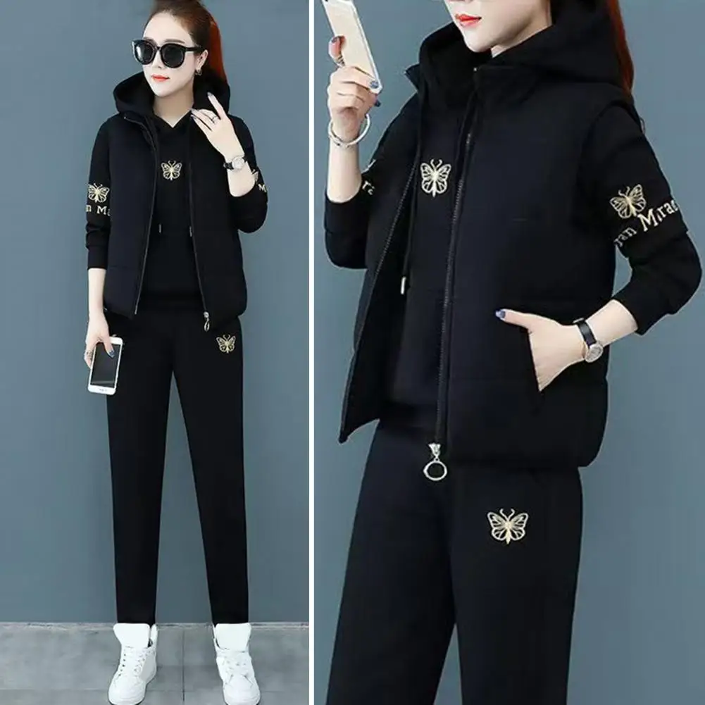 

Waistcoat Hoodie Pants Three-piece Outfit Women's Winter Tracksuit Set with Embroidered Hoodie Padded Coat Elastic Waist Pants 3