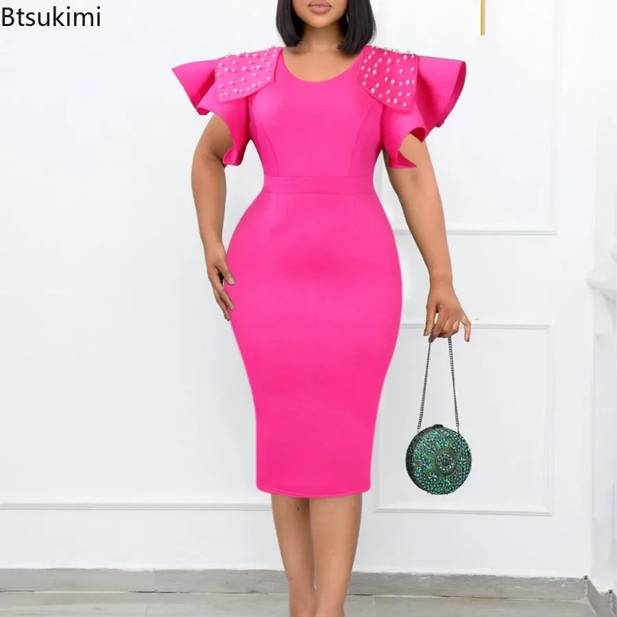 

2024 New Women's O-neck Butterfly Sleeve Solid High Waist Dress Sexy Elegant Bodycon Dress Ladies Birthday Party Evening Dresses