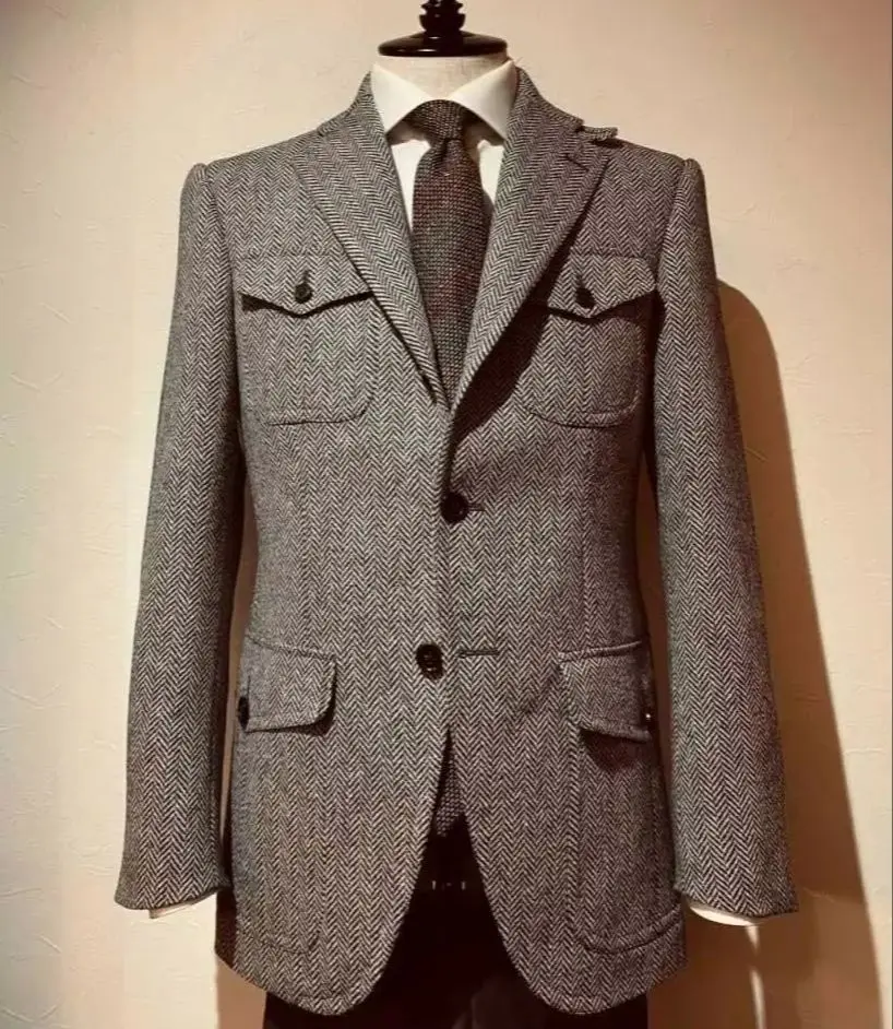 Vintage Herringbone Tweed Wool Men Safari Jacket Multi Pocket Casual Hunting Winter Outdoor Blazer Coat Slim Fit Customized