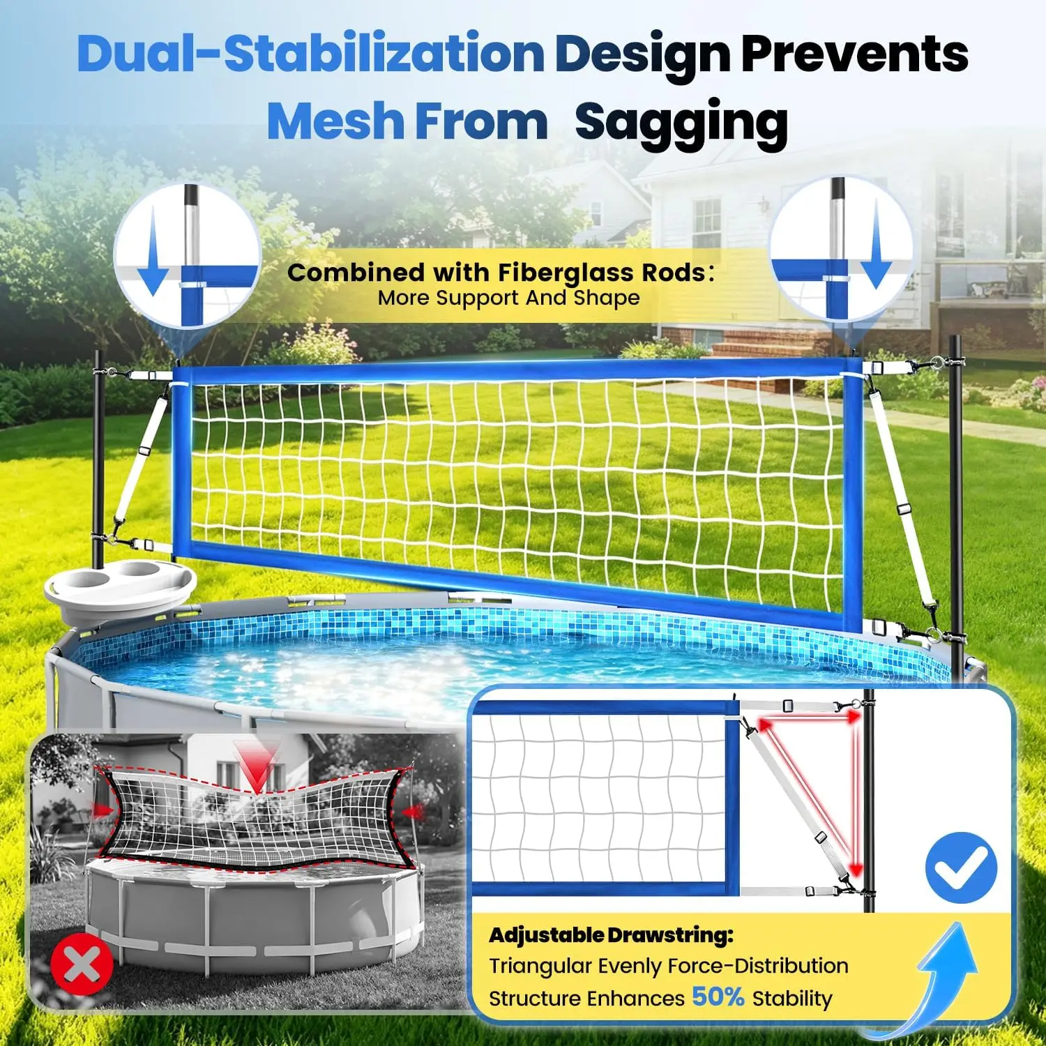 Volleyball Net Set for Above Ground Pools with Storage Tray – Adjustable 10-20 FT Width Anti-Sagging Pool Volleyball Net – Outdoor Poolside Game Accessories Includes Ball, Pump, Poles view 3