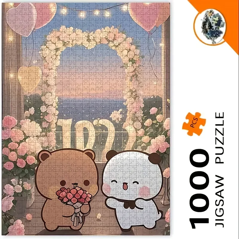 1000 Stück BUBU & DUDU Puzzle für Erwachsene und Familien – groß, 50,04 x 70,1 cm, niedliche Bubu- und Dudu-Charaktere mit rosa Rosen und Luftballons,