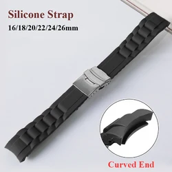 Silicone Rubber Watch Strap Band Deployment Buckle 16mm 18mm 20mm 22mm 24mm 26mm Curved Strap Watch Replace Arc End Bracelet