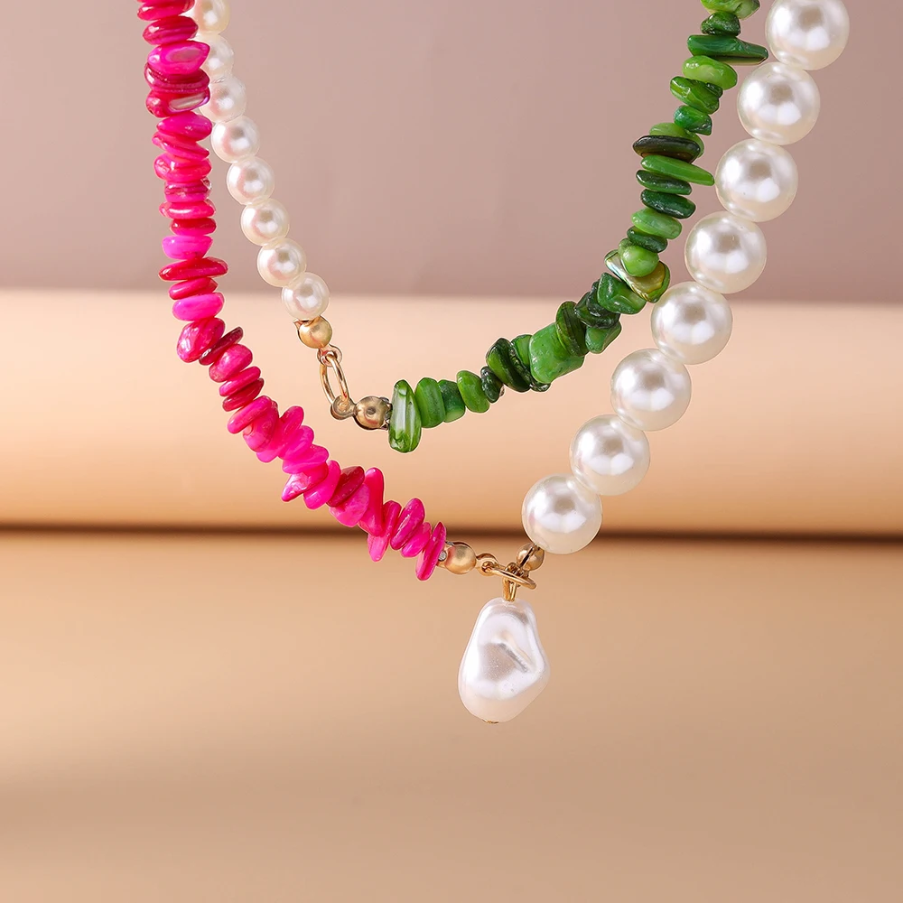2pcs Summer Beach Pearl Necklace for Women Colorful Stone Beaded Choker Necklaces Girls Party Holiday Jewelry Gifts