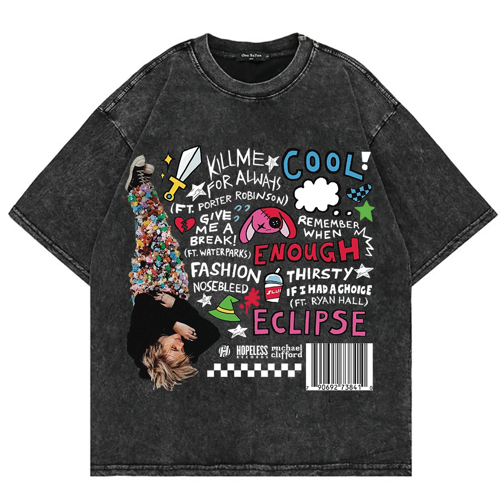 100% コットン ヴィンテージ ウォッシュド マイケル・クリフォード サイドクエスト Tシャツ ファッション メンズ/レディース エステティック ヒップホップ オーバーサイズ アシッドウォッシュ Tシャツ