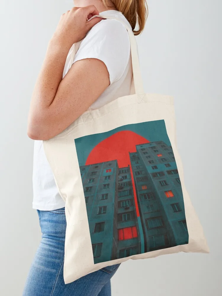 

Red sun and brutalistic buildings Tote Bag tote bag university free delivery bags shoping bag cloth woman