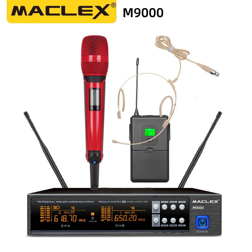 Maclex M9000 UHF bodypack Headset Dual Channel Dual Handheld Microfone profissional sem fio Sistema Stage Performance Dynamic