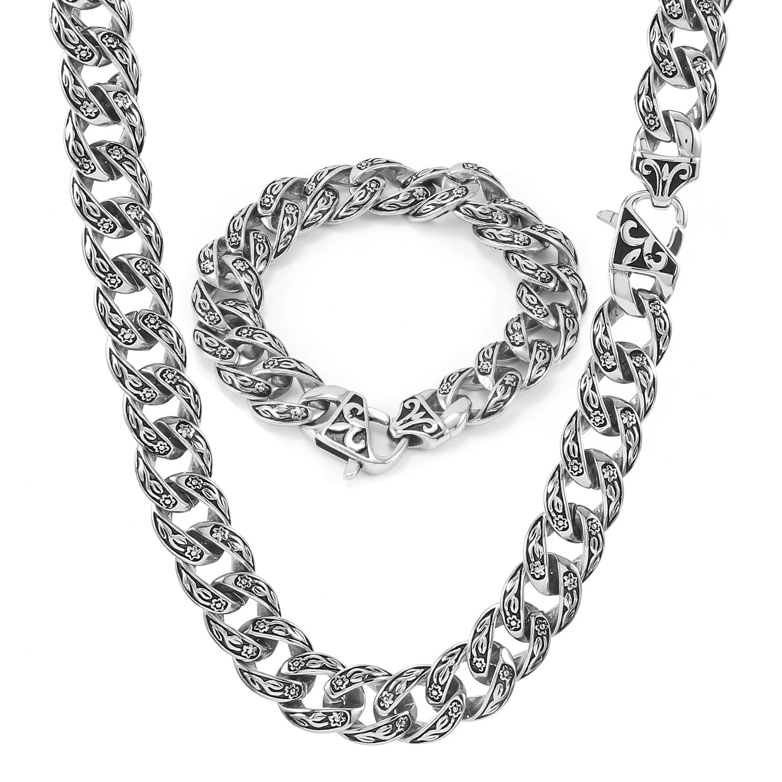 15mm Wide Vintage Cuban Link Chain Necklace Bracelet Retro Tattoo Jewelry 316L Stainless Steel Fashion Accessories