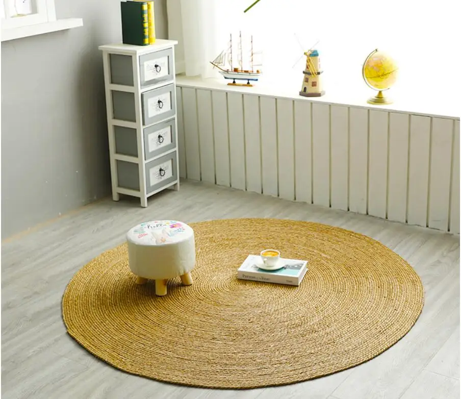 Round Woven Rush Grass Rugs Handmade Rattan Carpet for Bedroom Living Room Vintage Home Decor Floor Mat Chic Room Door Mat Tapis