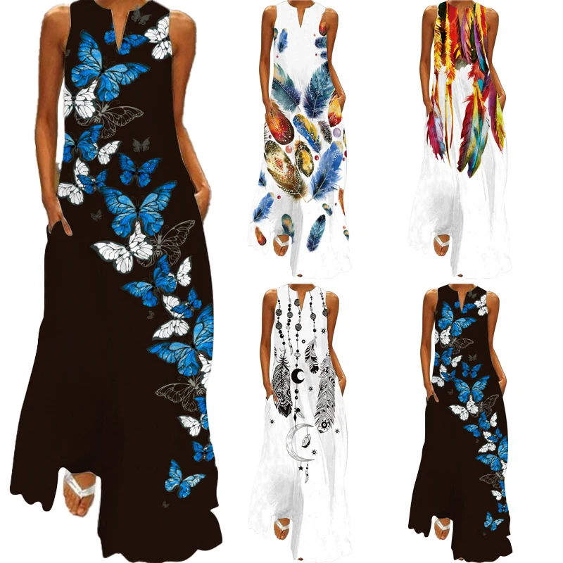 Casual Lady Summer Bohemian Seaside Dress with 6 Colors Sleeveless Exaggerated Large Print and Wide Waistband