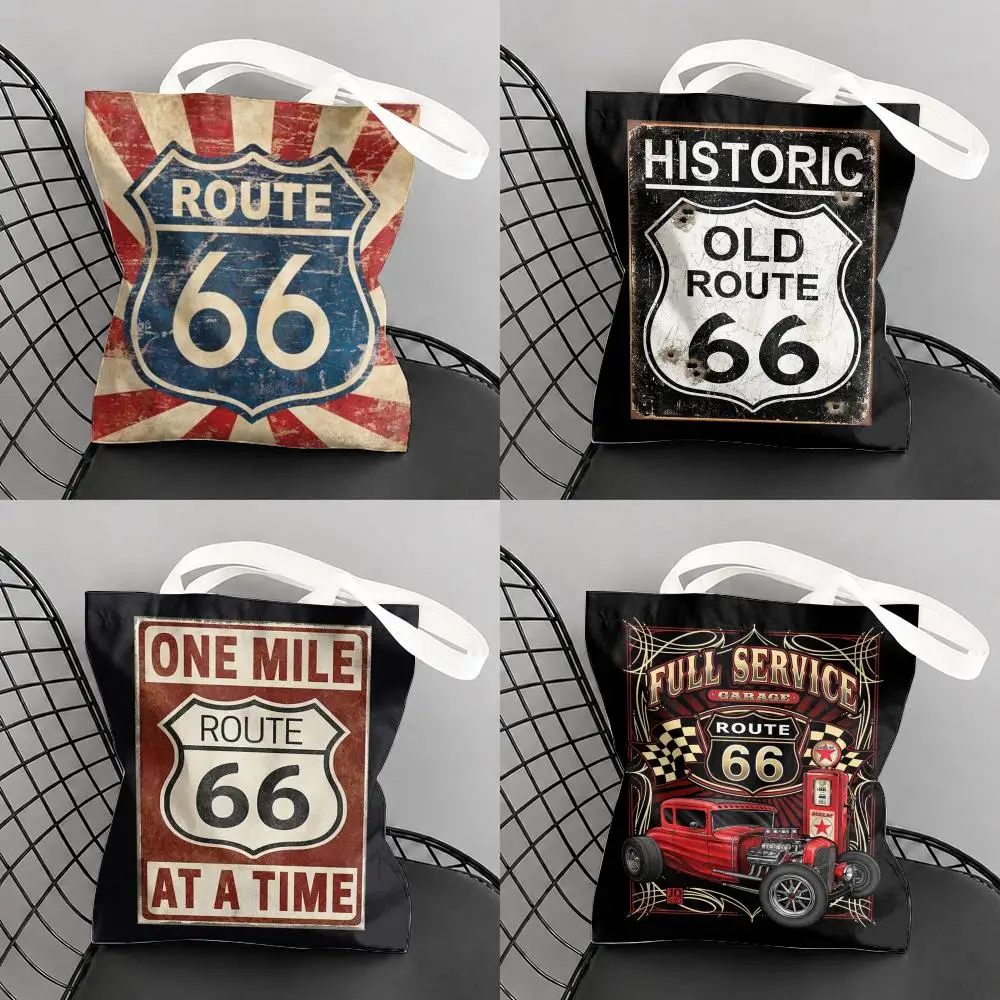 Classic Route 66 Storage Bags Large Capacity Canvas Tote Bag Double-Sided Print Shoulder Handbag for Daily Shopping