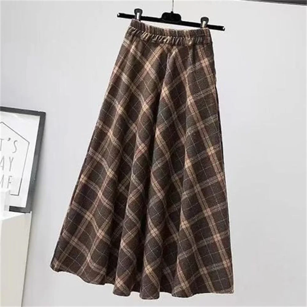 Woman A Line Pleated Plaid Skirt Female 2024 Korean Style Thick High Waist Long Skirt Autumn Winter Woolen Skirt Women