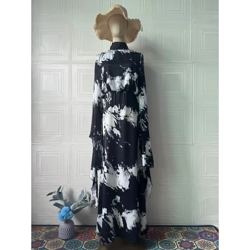 Vestidos largos con estampado satinado y cordones para mujer, vestido Irregular de manga larga para primavera y otoño, vestido largo hasta el suelo con cuello medio alto y cintura alta